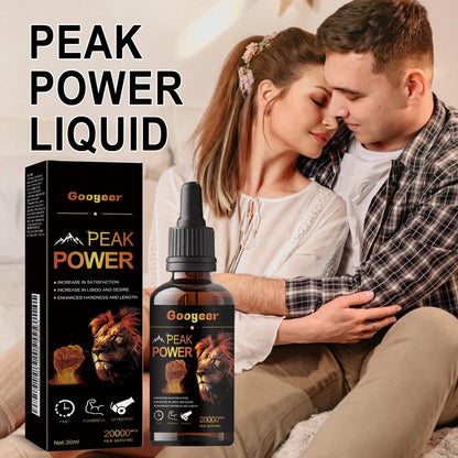 Googeer Peak Power 30ml liquid energy supplement bottle with dropper containing 200mg caffeine per serving