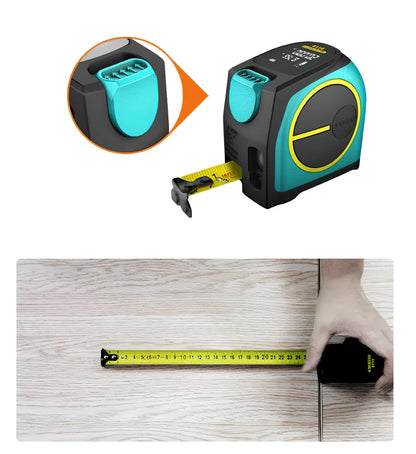 2-in-1 laser and tape measure tool with magnetic hook showing extended blade and laser measurement display