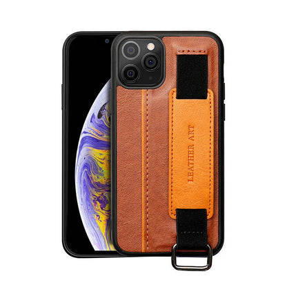 Brown imitation leather iPhone wallet case with wrist strap showing stripe detailing and stitching