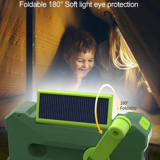 Green 3-in-1 hand crank emergency radio showing AM-FM-NOAA dials, 10000mAh battery, solar panel, reading lamp, and flashlight in 8x9.5x6.5cm portable design