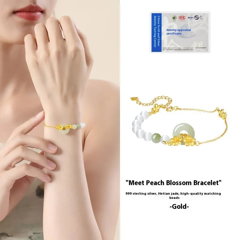 Pure silver peach blossom bracelet with safety buckle closure in new Chinese style design