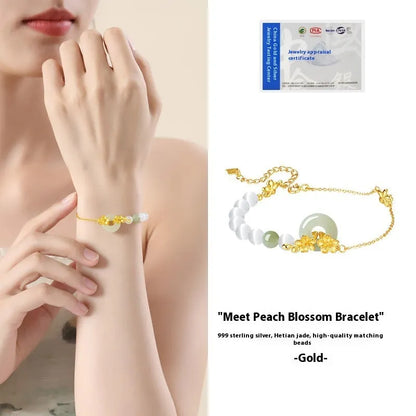 Pure silver peach blossom bracelet with safety buckle closure in new Chinese style design