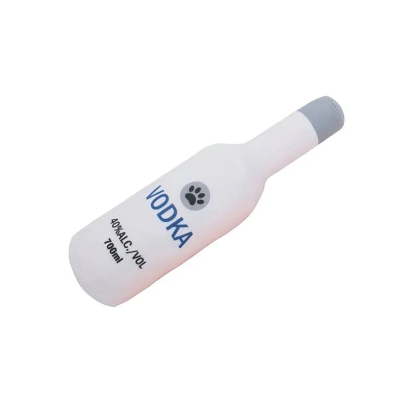 Soft green plush wine bottle pet toy for cats and dogs on a white background.