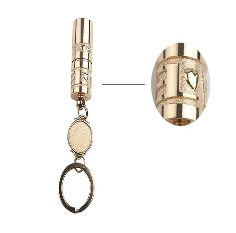 Gold zinc alloy keychain torch with LED light, shown attached to a keyring.