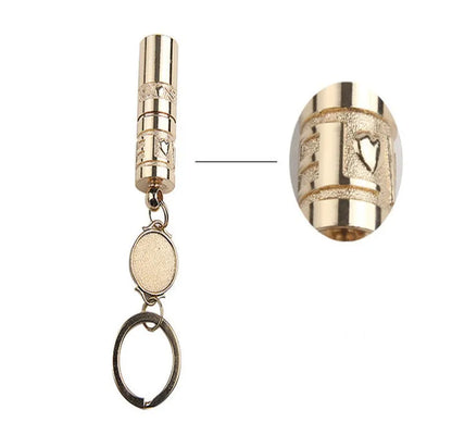 Gold zinc alloy keychain torch with LED light, shown attached to a keyring.