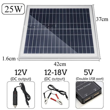 Polysilicon solar panel with dual USB ports for outdoor charging of mobile phones and tablets.