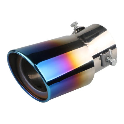 Stainless steel car exhaust tailpipe in baked blue finish, showing straight and curved outlet options.