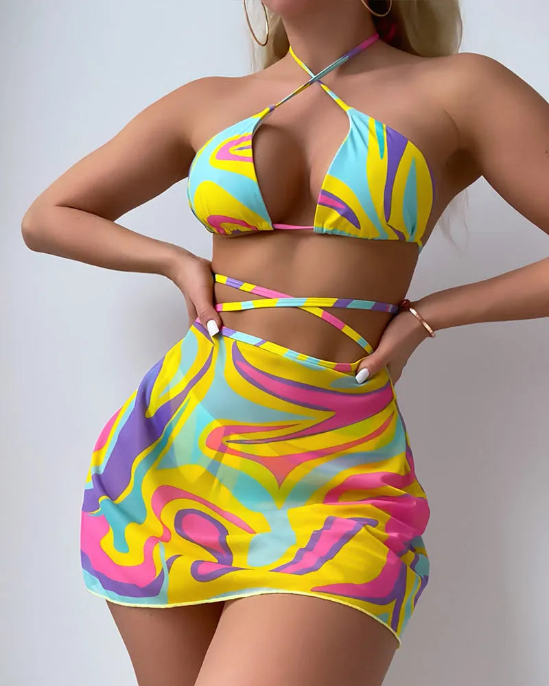 Yellow striped women's halter neck lace-up swimsuit with matching skirt and shorts