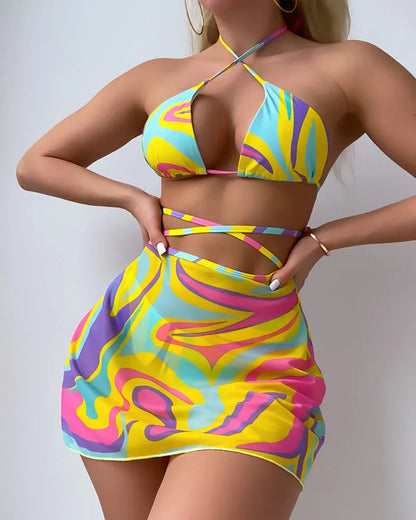 Yellow striped women's halter neck lace-up swimsuit with matching skirt and shorts