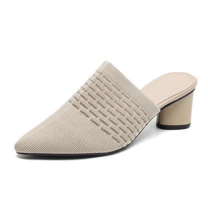 Women's black pointed toe sandals with a fabric upper and a 5cm chunky rubber heel