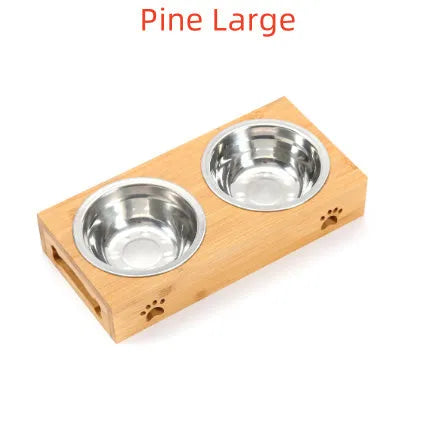 Solid wood pet dining table with elevated stainless steel feeding bowls for cat or dog