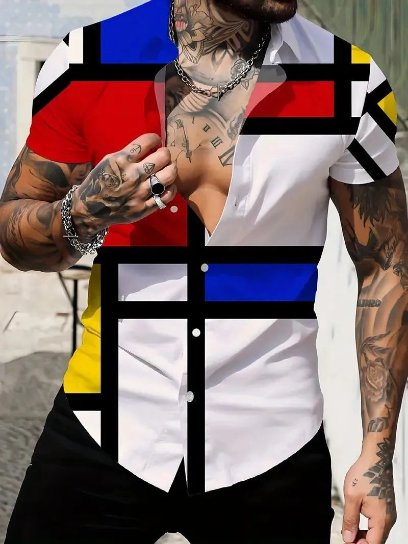 Men's geometric line printed short sleeve shirt with lapel collar in slim fit styling