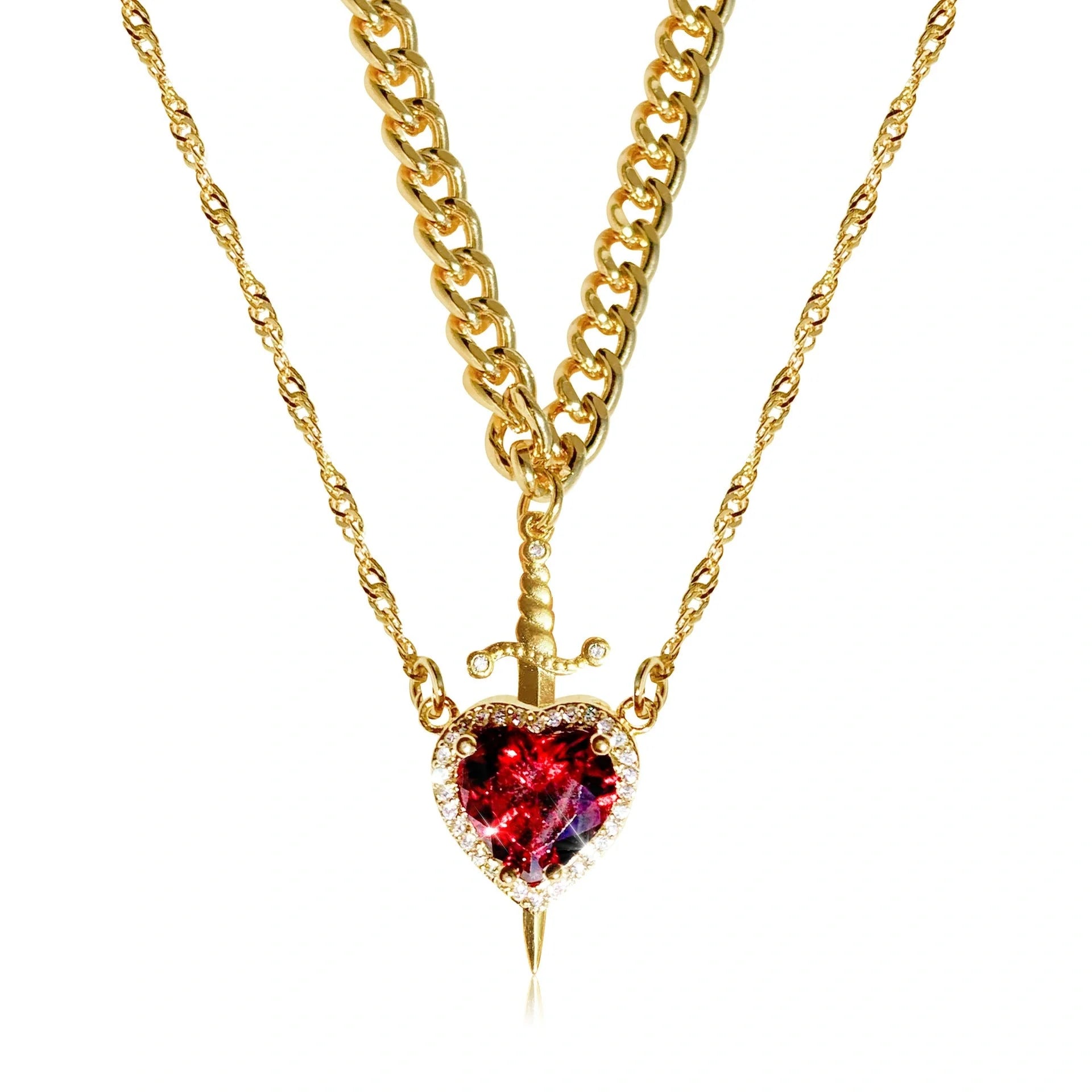 Gothic Punk Heart Dagger Couple Necklace with sparkling red rhinestones