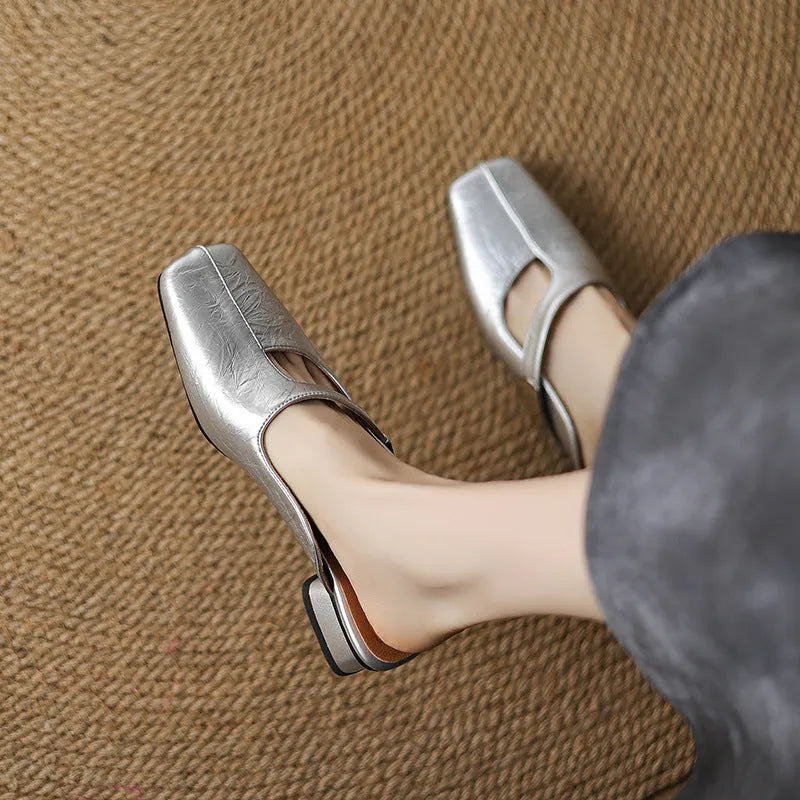 British style square toe outdoor slippers in black with low heel and rubber sole