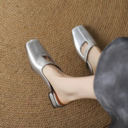 British style square toe outdoor slippers in black with low heel and rubber sole