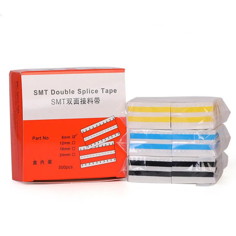 Box of SMT double-sided splicing tape on a factory bench, showing yellow tape in 8mm, 12mm, 16mm and 24mm widths.
