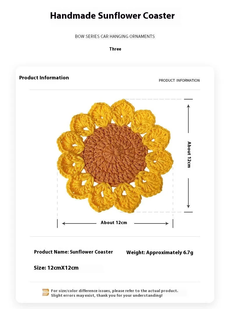 Hand-woven circular wool coaster with a flower pattern, part of a set for table protection.
