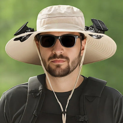 Solar-powered fan hat for men with a wide brim and adjustable chin strap, shown in a neutral colour.