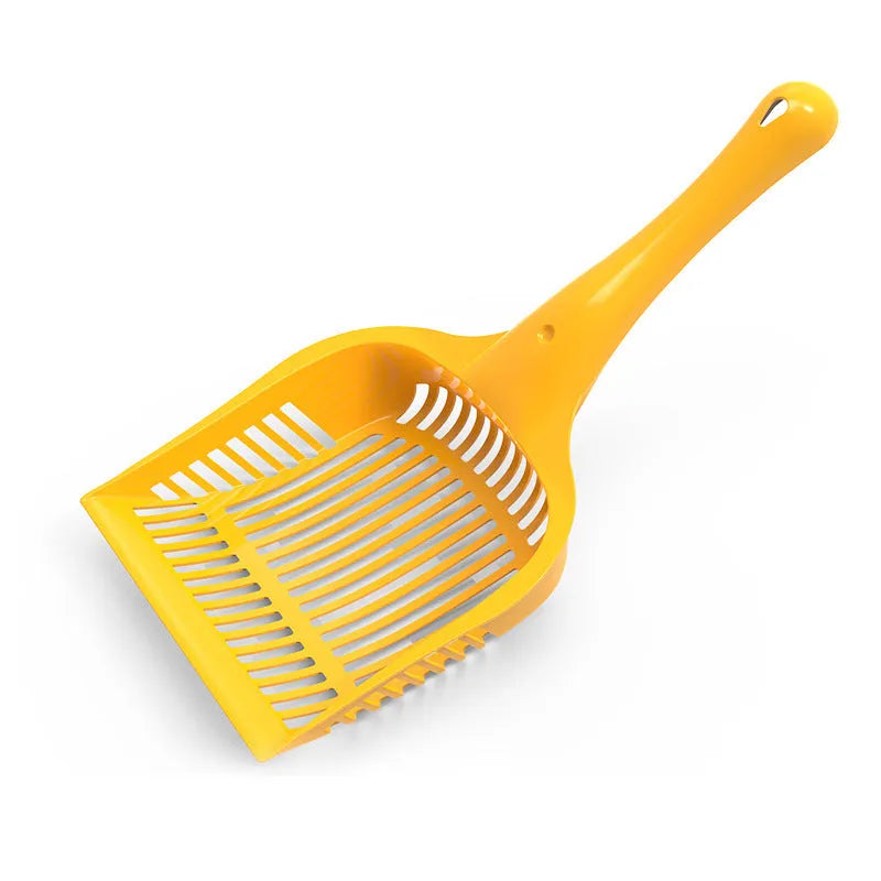 Red plastic cat litter scoop showing dimensions and PP construction for waste removal