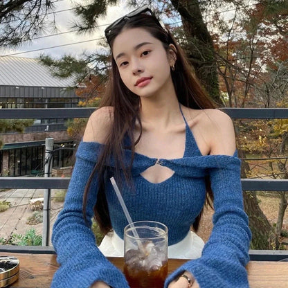 Off shoulder knitted sweater for women in black, blue, and apricot