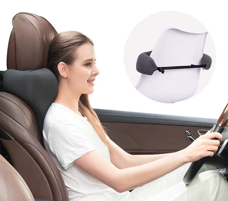 Car neck memory foam pillow in dark grey, grey, or fog blue colours measuring 67cm long