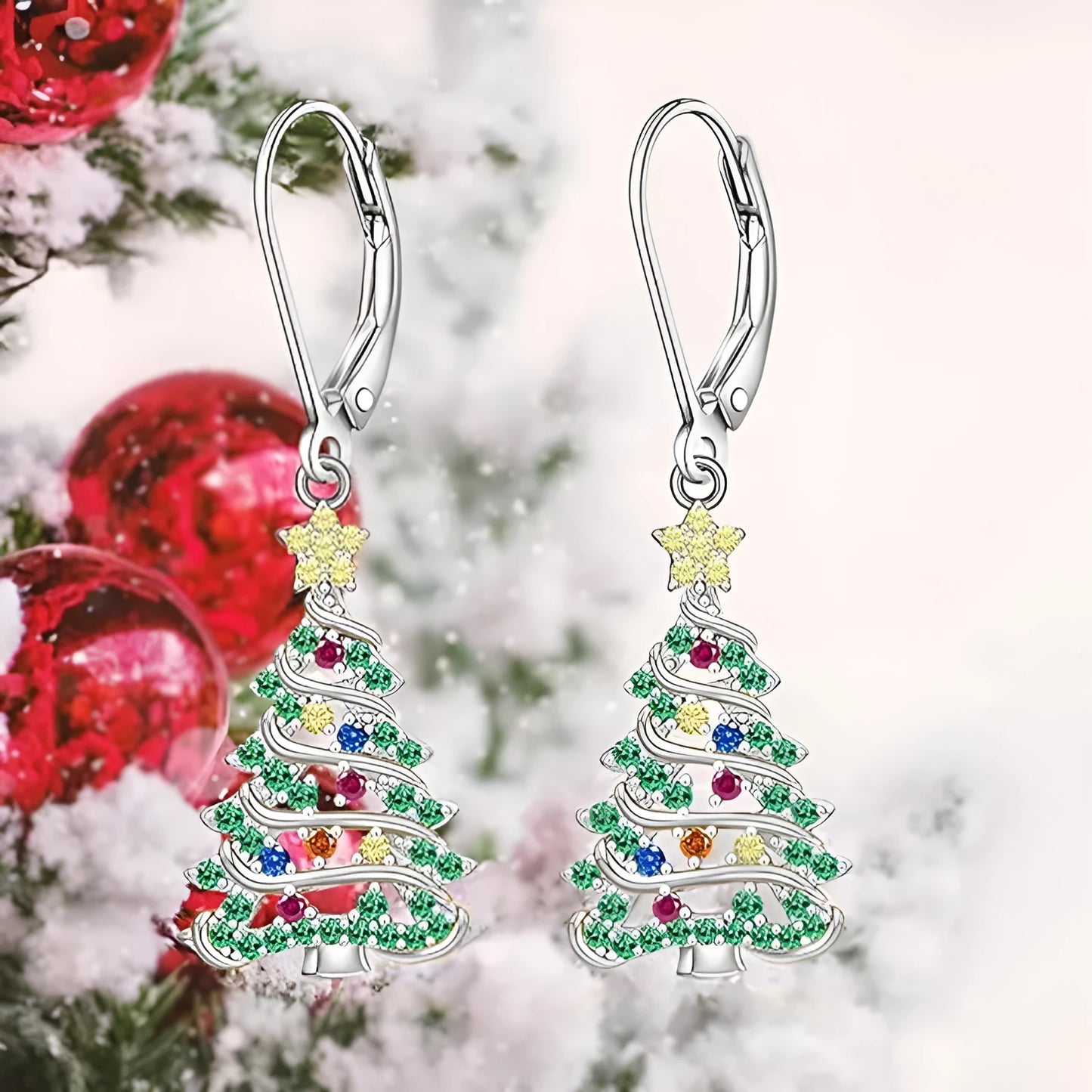 White gold colour Christmas tree earrings with star-shaped pendant for ladies.