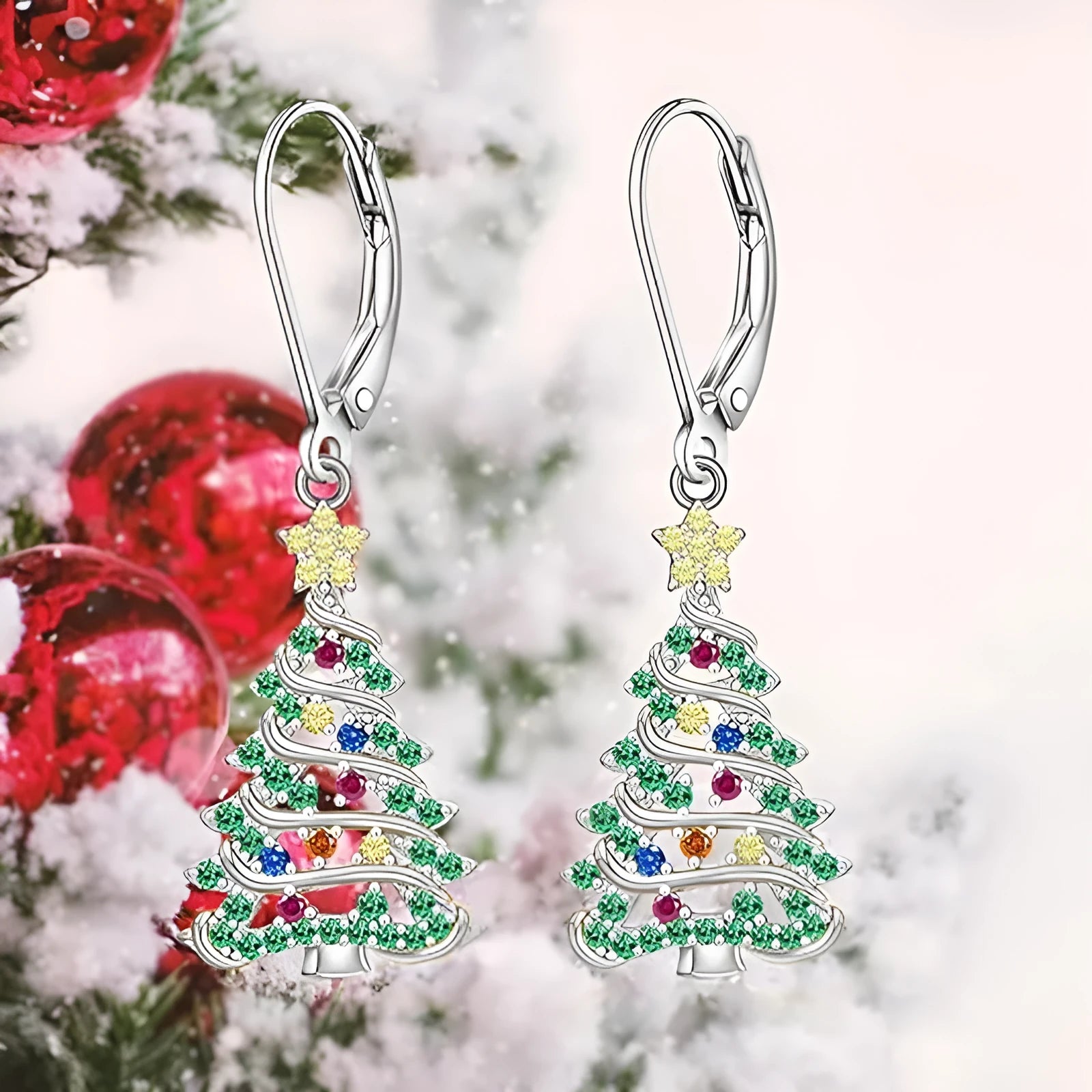 White gold colour Christmas tree earrings with star-shaped pendant for ladies.