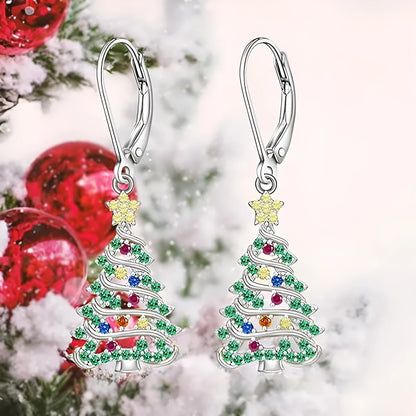 White gold colour Christmas tree earrings with star-shaped pendant for ladies.