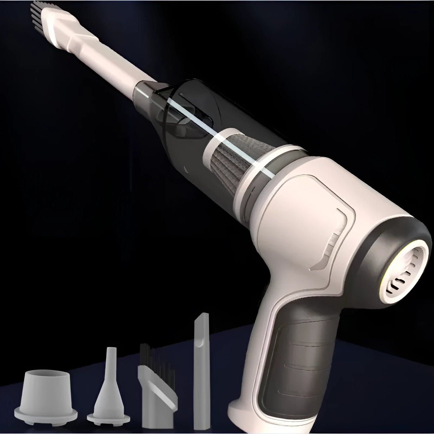 Brushless gold style handheld wireless car vacuum cleaner with pet hair attachment on a car seat