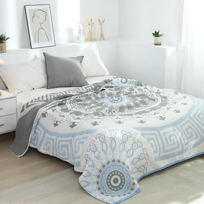 Pure cotton five-layer towel blanket with bohemian plant print, shown in blue or orange, 150x200cm or 200x230cm