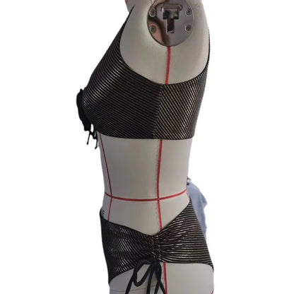 Black women's triangle swimsuit set with 3D stereo beach styling on hanger