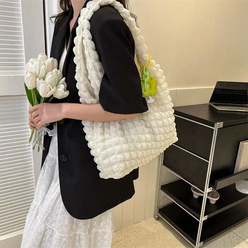 Pleated bubble shoulder bag in square vertical design with pendant accessory in various colour options