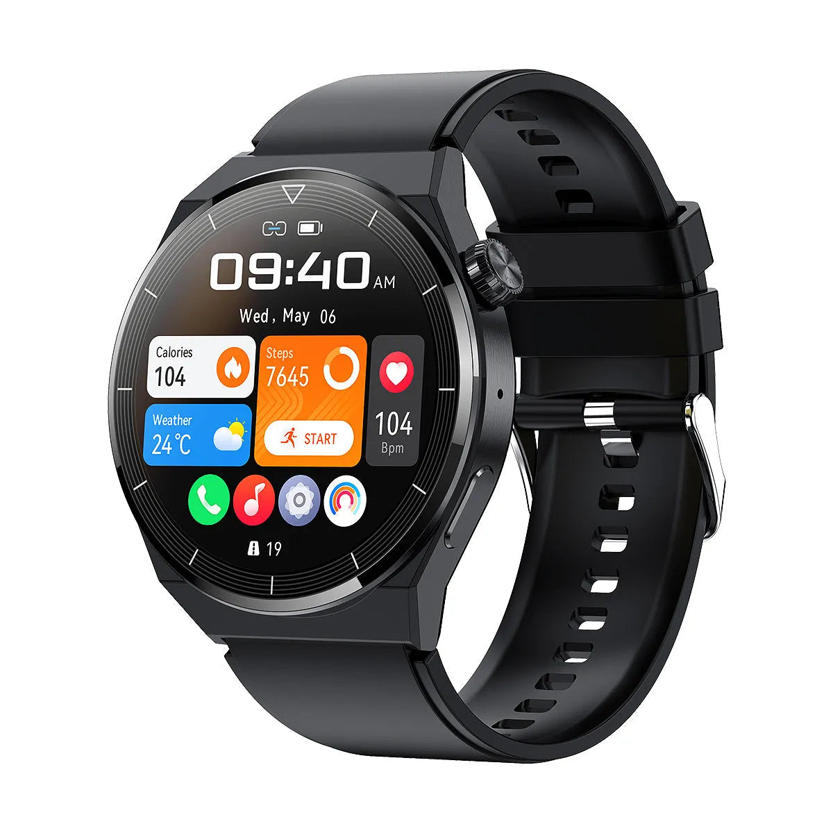 Black Android smart watch with round dial on a silicone strap, showing call and NFC functions.
