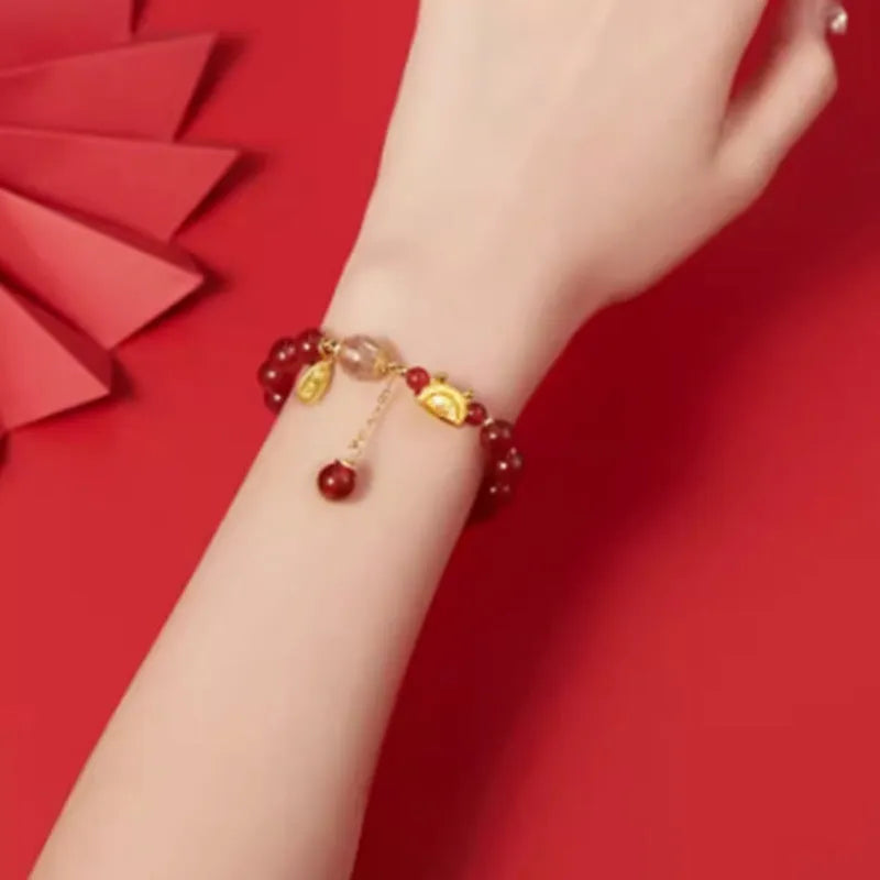 Hetian jade and red agate Chinese style bracelet with dragon zodiac design