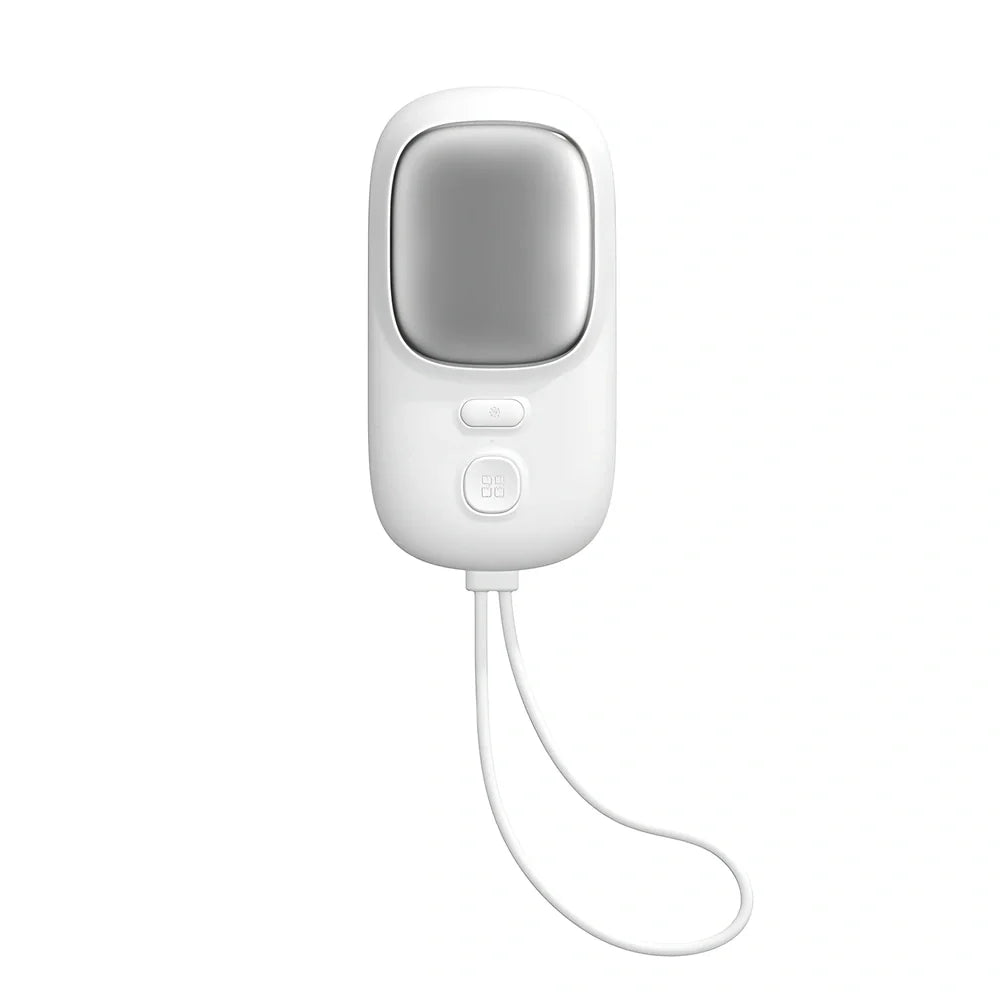 White USB neck fan with flexible band and ice muscle repair function showing 3-speed control