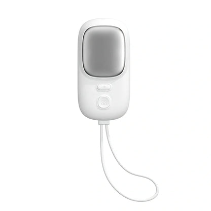 White USB neck fan with flexible band and ice muscle repair function showing 3-speed control
