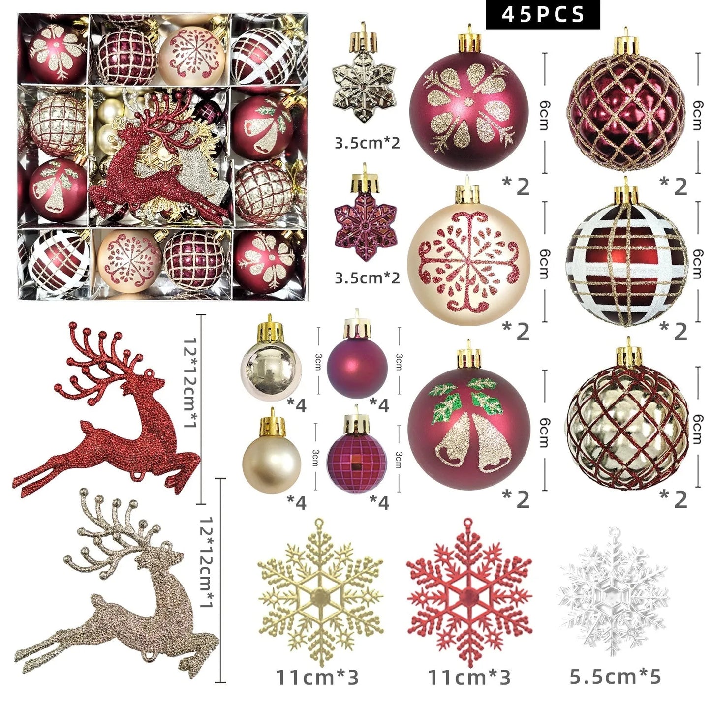 Christmas decoration pendant set with electroplated balls and painted gifts in cowhide presentation box