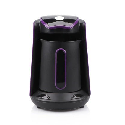 Portable coffee and tea maker in blue or purple, 600W mechanical operation, EU plug, with power cord and manual.