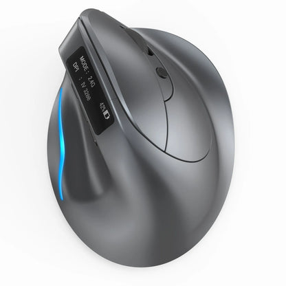Grey handheld vertical mouse with dual-mode grip design for Bluetooth laptop connectivity