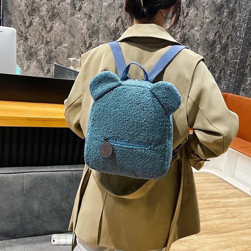 Adorable bear-shaped backpack made of soft, fleece material for kids and women's travel and everyday use
