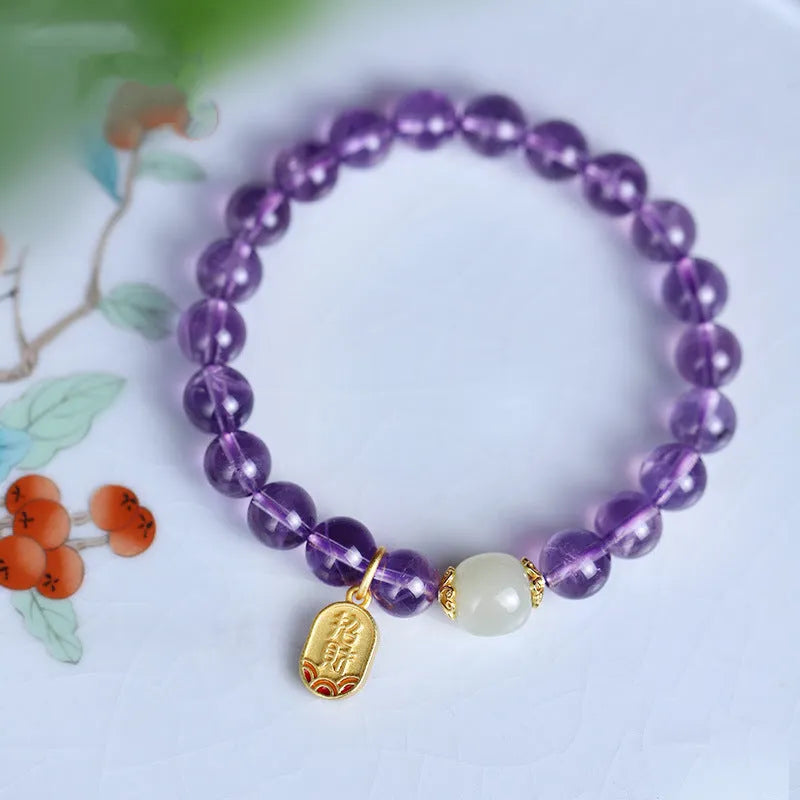Amethyst bracelet ornament for women, a simple 8mm crystal bead bracelet with geometric shapes, suitable for casual wear and ethnic style outfits.