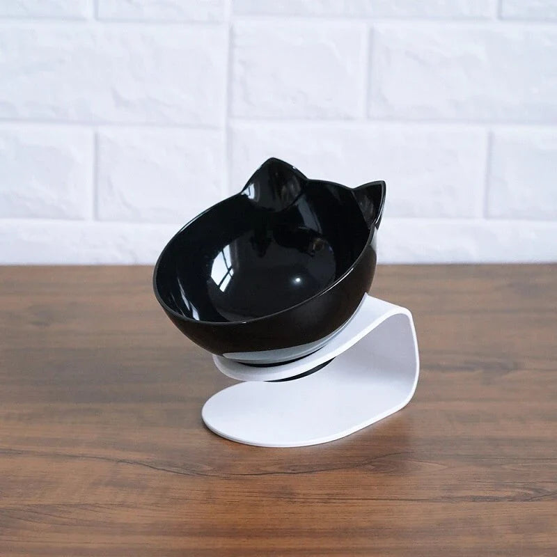 Tilted cat and dog bowls with raised stand, designed to reduce neck strain and protect cervical vertebrae.