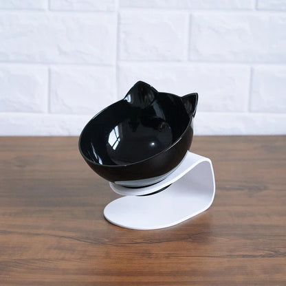 Tilted cat and dog bowls with raised stand, designed to reduce neck strain and protect cervical vertebrae.