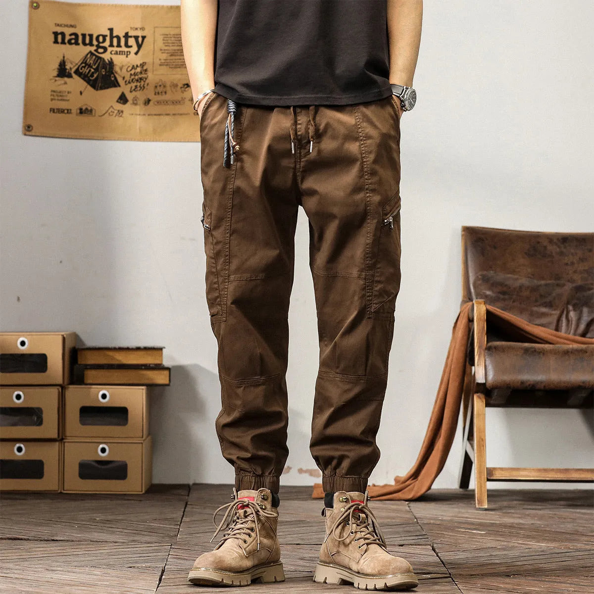 Men's cotton tapered harem trousers with ankle band in black colour