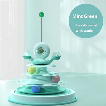 Four-level cat toy turntable tower with roller balls and 360-degree top ball in PP