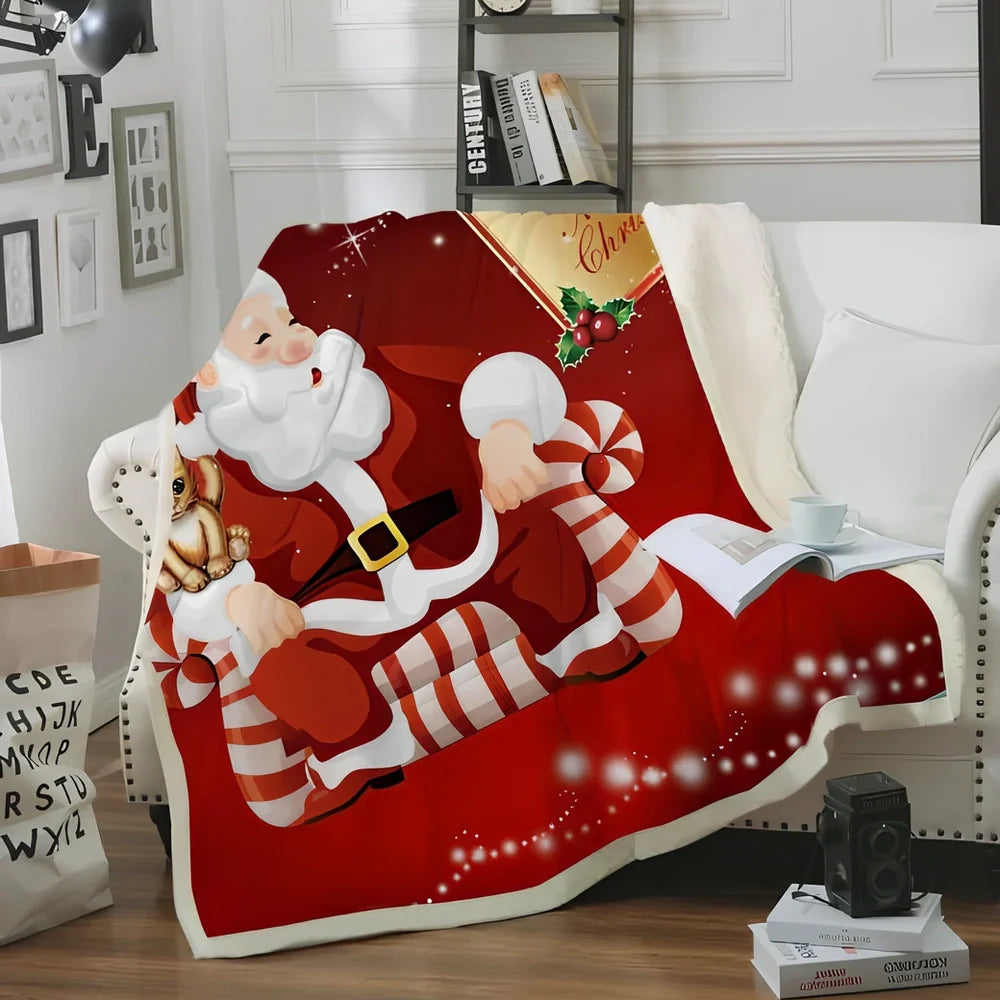 Christmas pattern coral fleece blanket on sofa showing HD printing detail and modern minimalist design