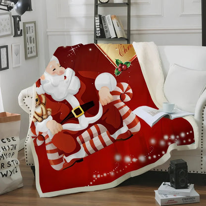 Christmas pattern coral fleece blanket on sofa showing HD printing detail and modern minimalist design