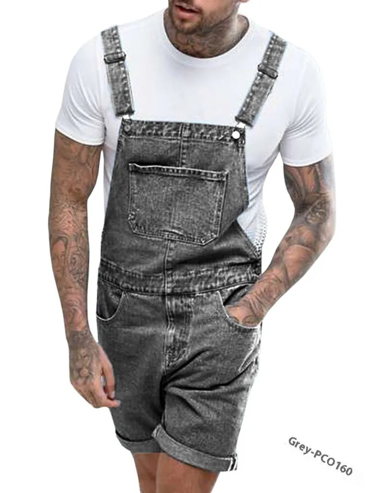 Youth denim suspenders shorts in straight-leg short length, shown in blue, with a mid-waist fit and zipper fly.