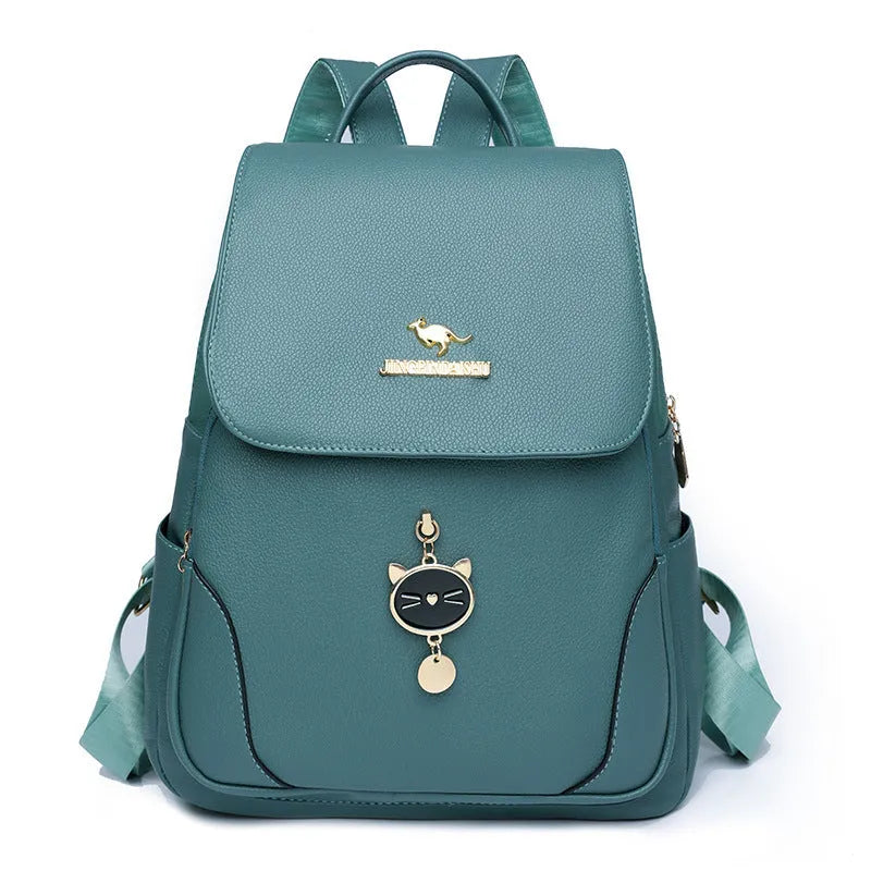 Women's black leather backpack with three-dimensional pockets and street trend design