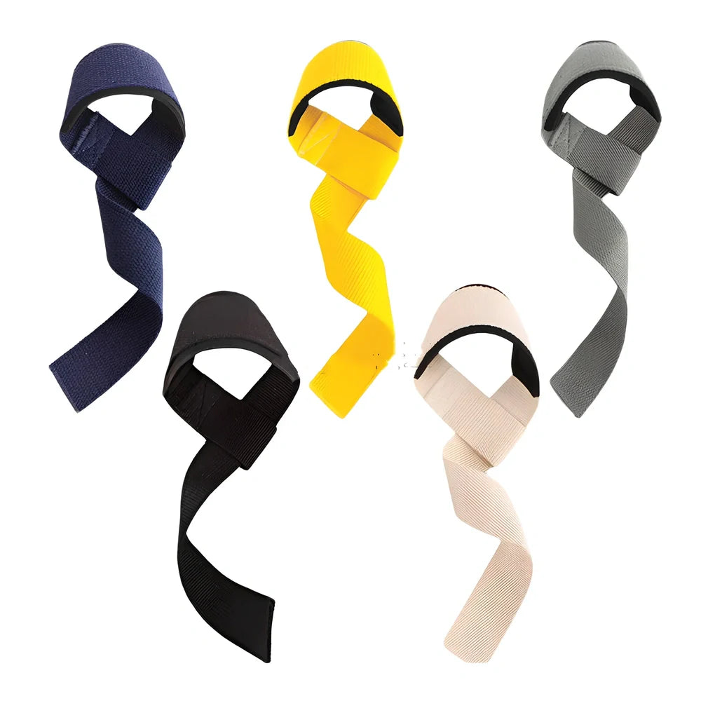 Pair of grey weightlifting straps with metal buckles showing 45cm length and 5cm width dimensions